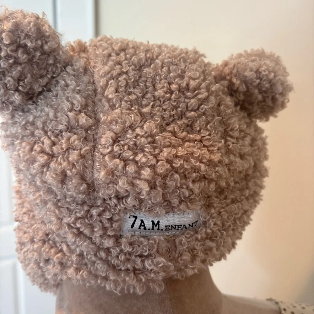 Cozy Taupe Plush Bear Hat for Babies Size 6-12 M